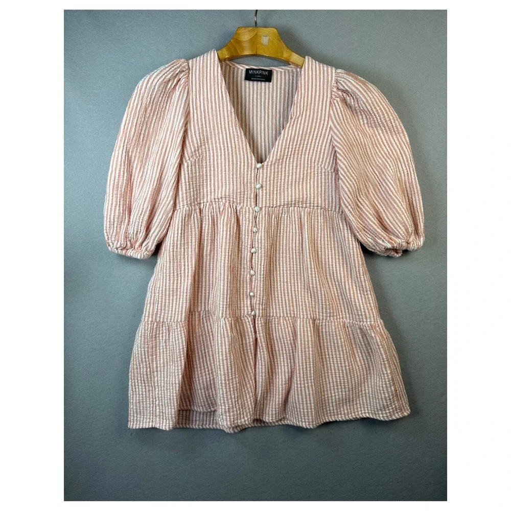 MINKPINK Striped Mini Dress Puff Sleeve Tiered‎ Casual Cute XS Babydoll Milkmaid